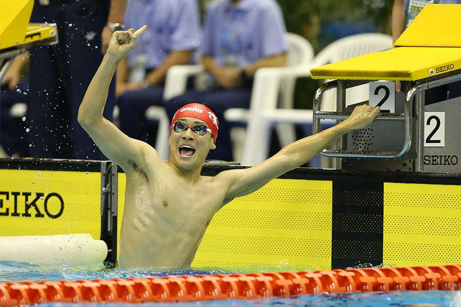 男子1500メートル自由形で全国大会初優勝を飾った遠藤光（3年＝作新学院）【写真：荒川祐史】