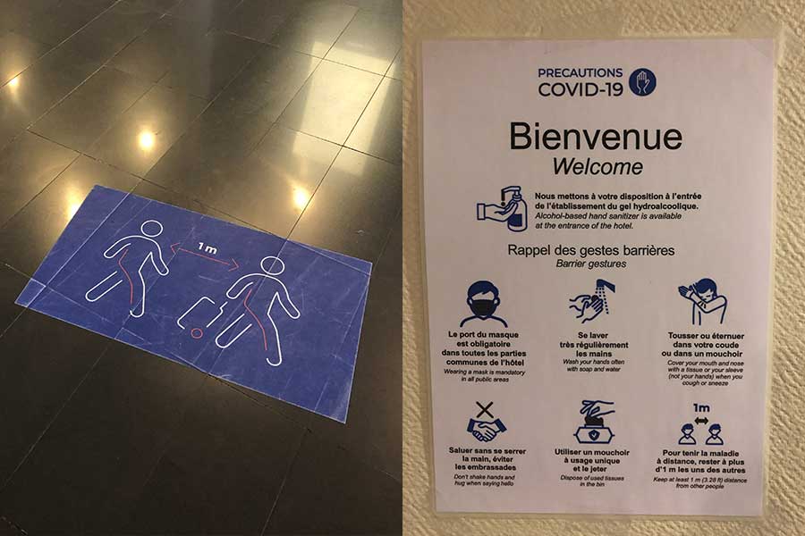空港のソーシャルディスタンスは1メートル（左）。宿舎には新型コロナ対策に関する張り紙も（右）【写真：本人提供】