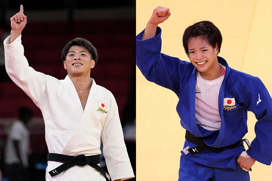 柔道の男子66キロ級で金メダルを獲得した阿部一二三と女子52キロ級で金メダルを獲得した妹の詩【写真：AP】