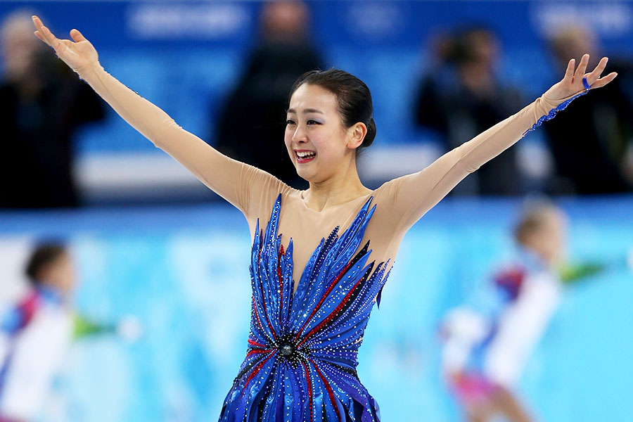 2014年ソチ五輪、女子シングルフリーを滑り終えた後に笑顔を浮かべた浅田真央【写真：Getty Images】