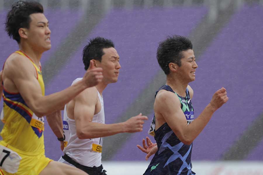 織田記念国際、男子100メートル予選で5着に終わった多田修平（右）【写真：奥井隆史】