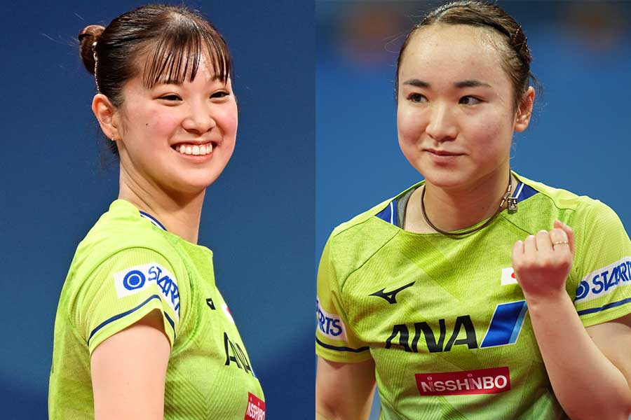 世界卓球、日本女子チームの長崎美柚（左）と伊藤美誠【写真：Getty Images】