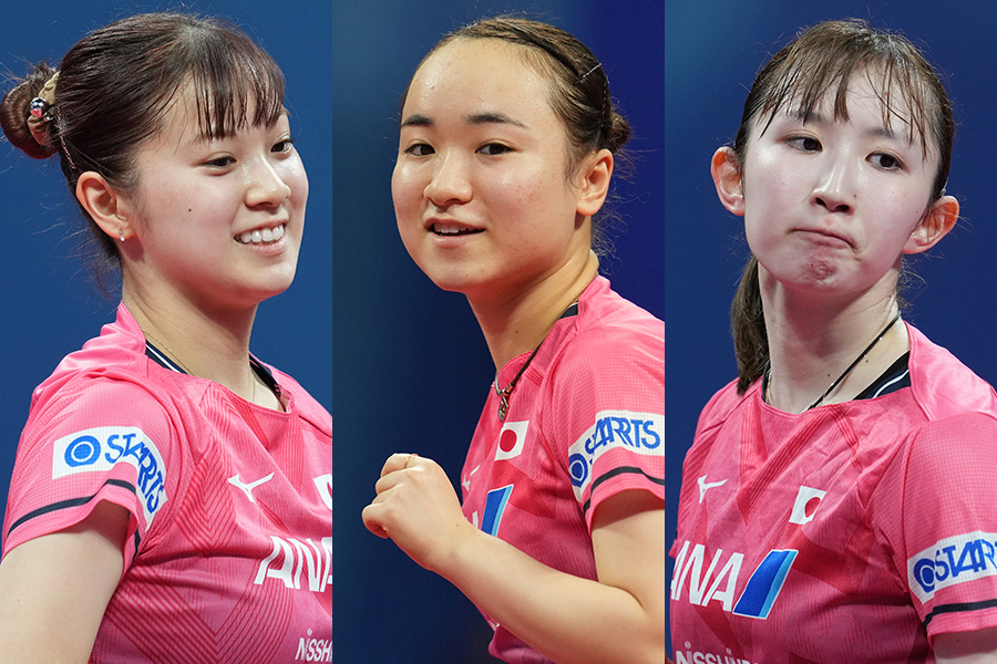 世界卓球、スロバキアに勝利した日本女子の長崎美柚、伊藤美誠、早田ひな（左から）【写真：Getty Images】