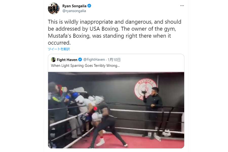 海外ボクシングで起きた危険なスパーリングの画像（画像は米専門誌「ザ・リング」のライアン・ソンガリア記者のツイッターより）