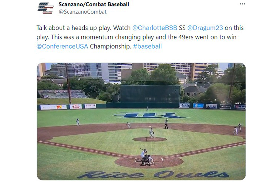 米大学野球で、ボールを処理せずに併殺を生んだ遊撃手が称賛を浴びている（画像は「スカンザーノ・コンバット・ベースボール」のツイッターのスクリーンショットより）