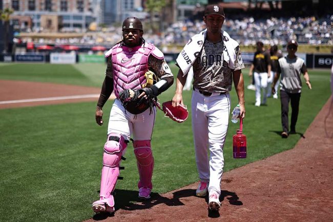 ド派手なピンクの防具を身に着けるカンプサノ捕手（左）とダルビッシュ有【写真：Getty Images】