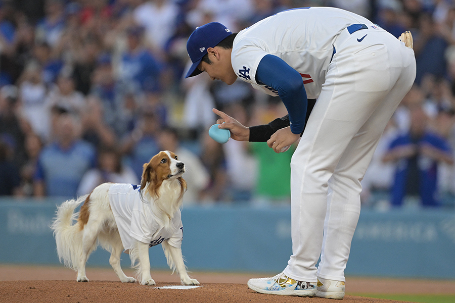 愛犬デコピンと始球式に登場した大谷翔平【写真：ロイター】