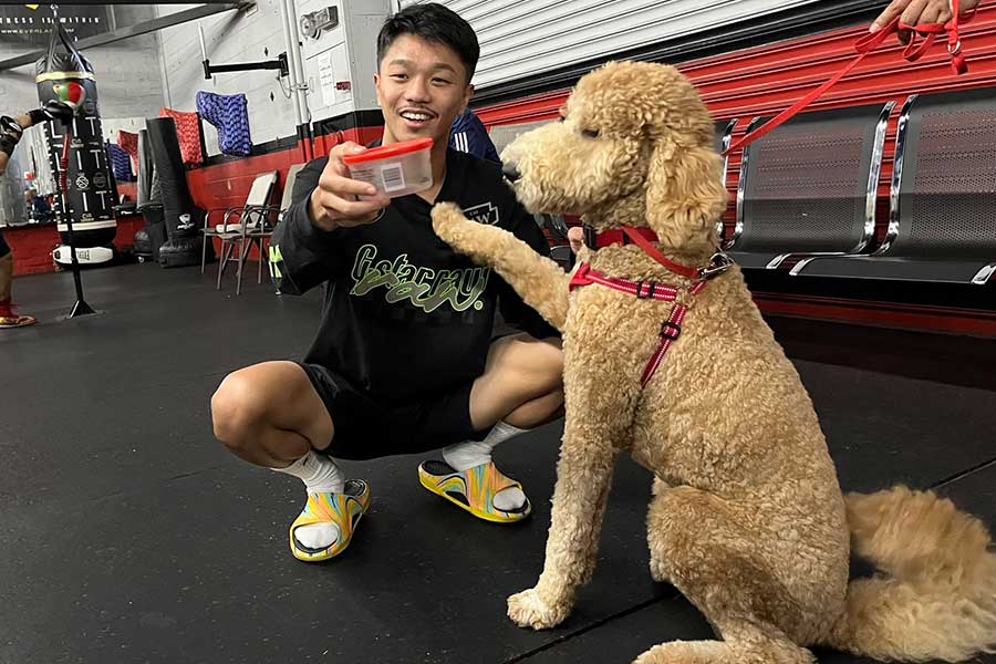 練習後にジム内で犬と戯れる中谷【写真：浜田洋平】