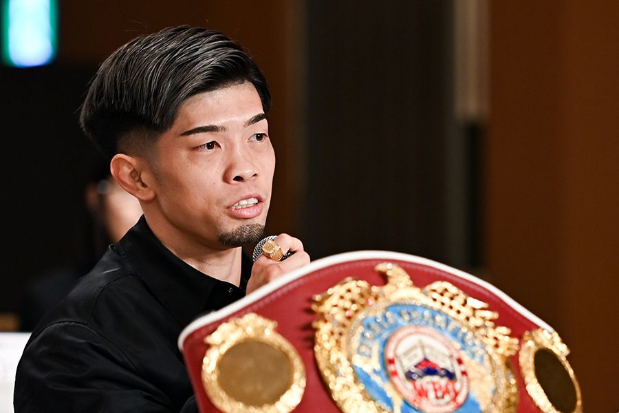 防衛戦へ向け会見を行った田中恒成【写真：中戸川知世】