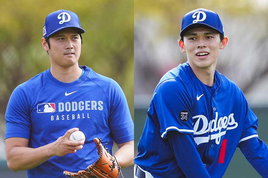 ドジャースの大谷翔平と佐々木朗希（右）【写真：荒川祐史】