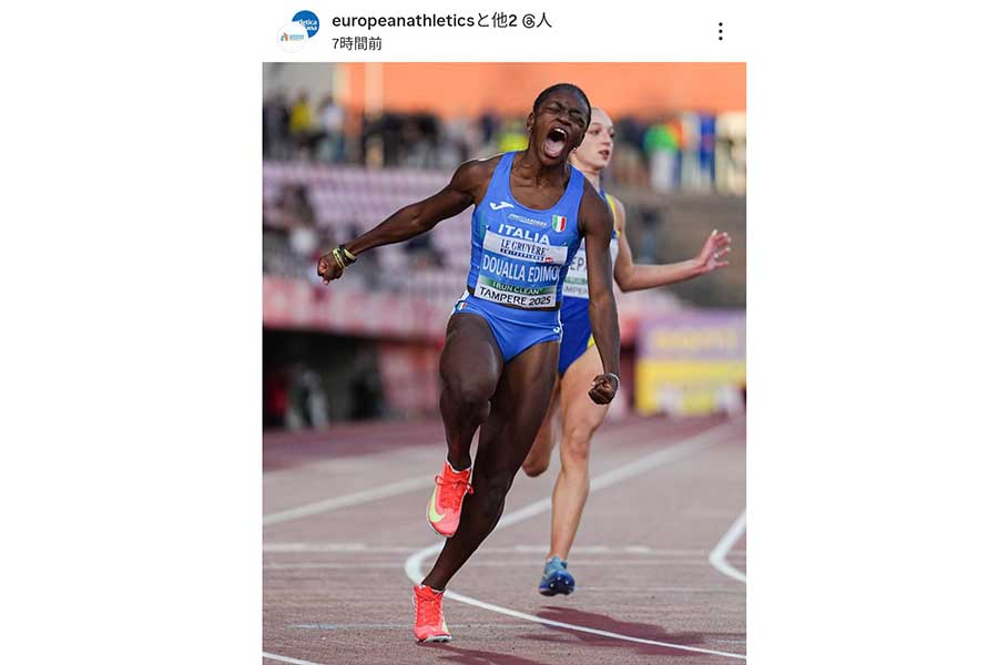 女子100メートルで優勝したケリー・ドゥアラ（画像は欧州陸上連盟公式インスタグラムのスクリーンショット）