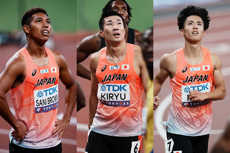男子100メートルで予選敗退したサニブラウン・ハキーム、桐生祥秀、守祐陽（左から）【写真：中戸川知世】