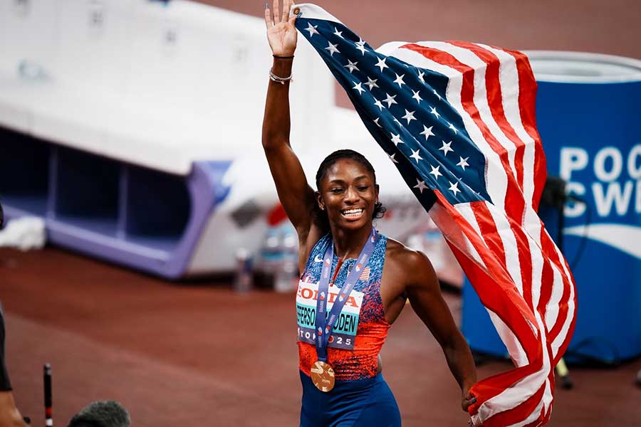 女子100メートルで金メダルを獲得したメリッサ・ジェファーソン＝ウッデン【写真：中戸川知世】