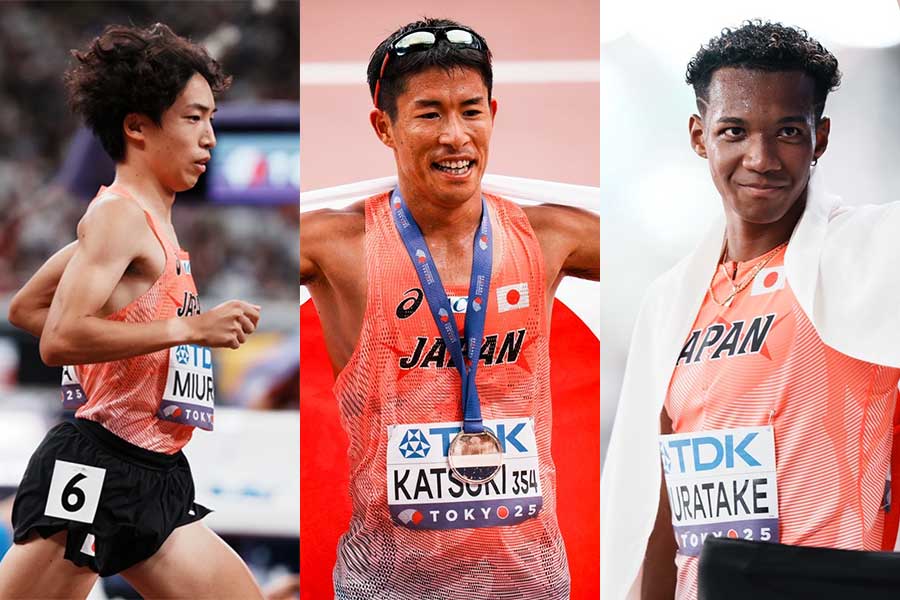 男子3000メートル障害8位の三浦龍司、男子35キロ競歩銅メダルの勝木隼人、男子110メートル障害5位の村竹ラシッド（左から）【写真：中戸川知世】