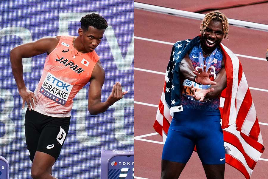 ジョジョ立ちする村竹ラシッド（左）とかめはめ波を決めるノア・ライルズ【写真：中戸川知世】