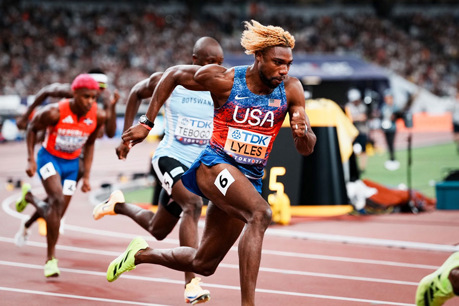 男子200メートルで金メダルを獲得したノア・ライルズ【写真：中戸川知世】