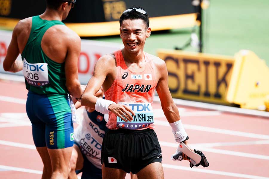 男子20キロ競歩、ゴール後には笑顔も見えた28位の山西利和【写真：中戸川知世】