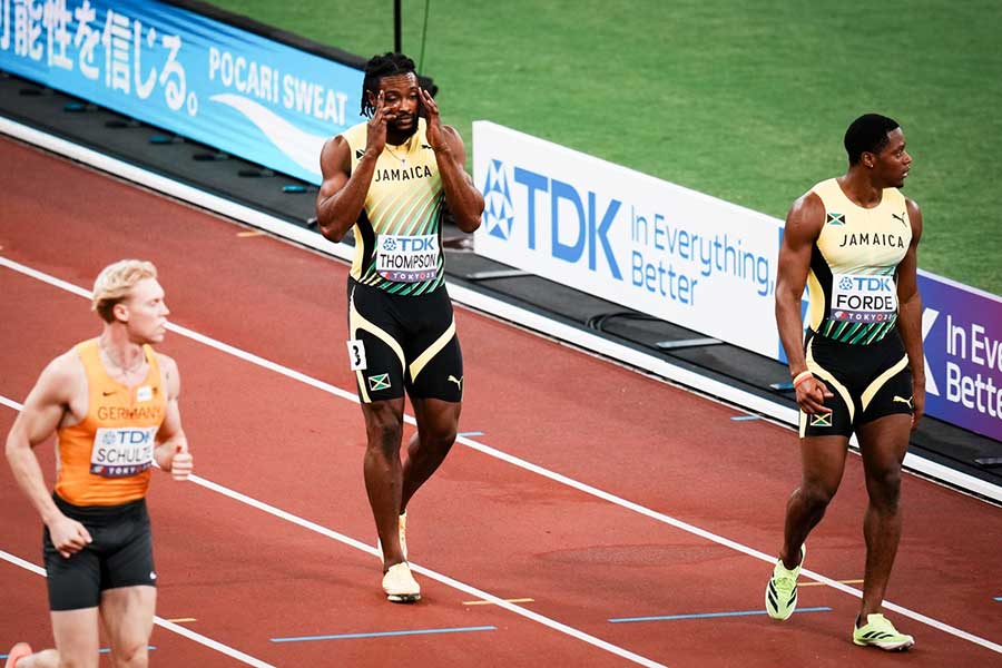 男子4×100メートルリレーで決勝進出を逃したジャマイカ代表【写真：中戸川知世】