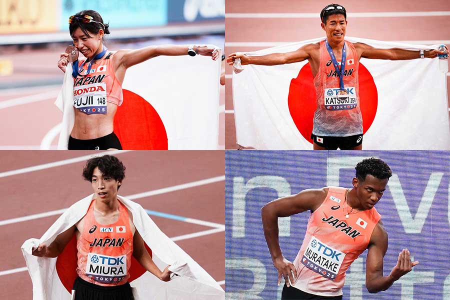 女子20キロ競歩の藤井菜々子、男子35キロ競歩銅メダルの勝木隼人、男子110メートル障害5位の村竹ラシッド、男子3000メートル障害8位の三浦龍司、（左上から時計回り）【写真：中戸川知世】