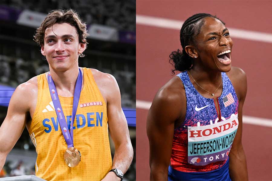 男子棒高跳び金メダルのアルモント・デュプランティス（左）と女子短距離3冠のメリッサ・ジェファーソンウッデン【写真：中戸川知世、Reuters】