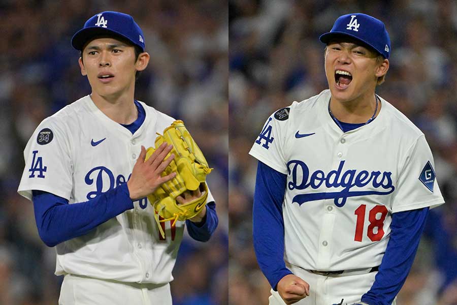 レッズとのWCS第2戦に登板したドジャースの佐々木朗希（左）と山本由伸【写真：Imagn/ロイター/アフロ、ロイター】