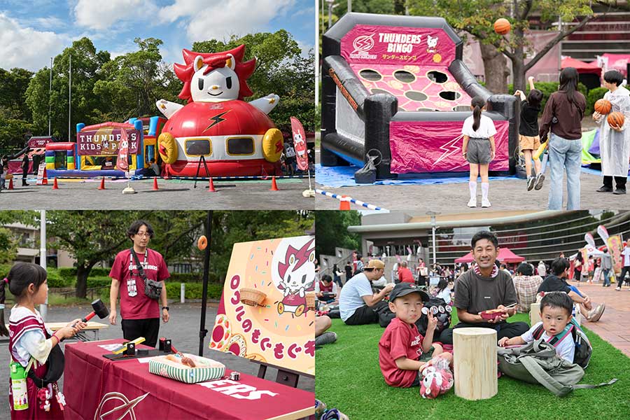 遊具が充実した『THUNDERS KIDS PARK』。キッチンカー前には芝生エリアも登場(右下)