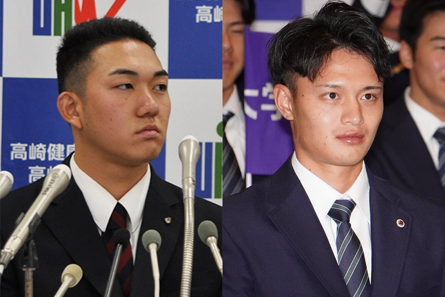 ロッテから1位指名された健大高崎・石垣元気（左）と2位指名の明大・毛利海大【写真：編集部】