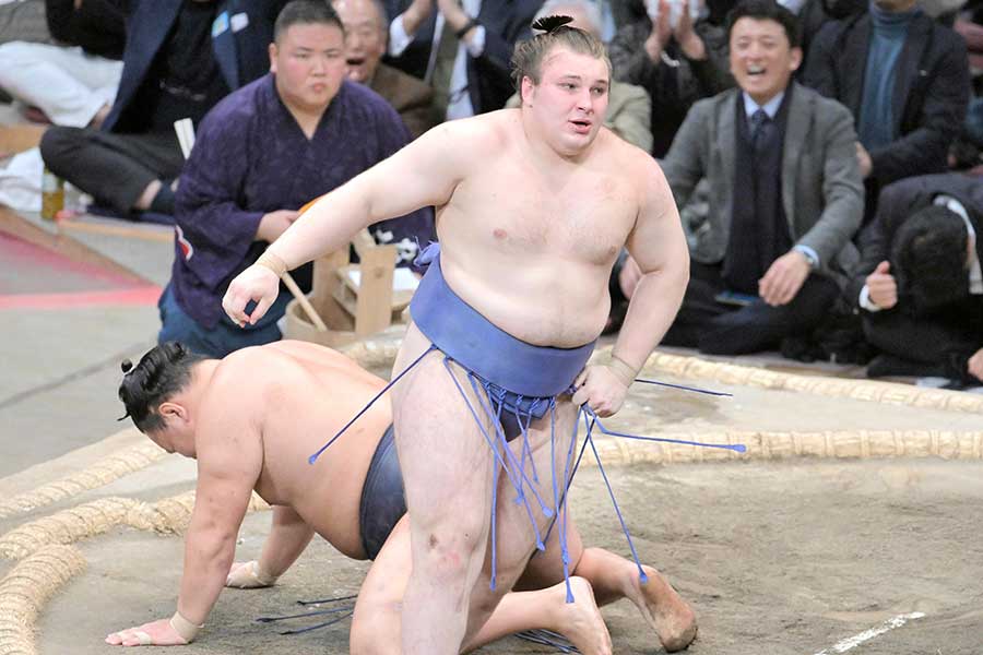 大相撲九州場所で、豊昇龍を破り優勝した安青錦（手前）【写真：スポーツ報知/アフロ】