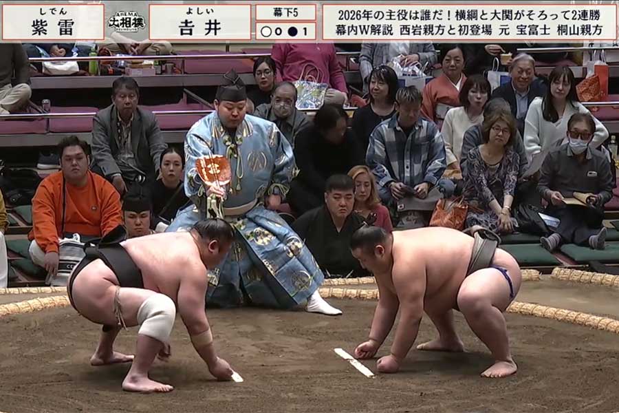 大相撲初場所、土俵に上がった紫雷と吉井（右）【写真：ABEMA】