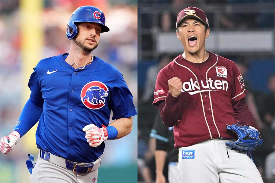 カイル・タッカー（左）と則本昂大【写真：Imagn/ロイター/アフロ、産経新聞社】