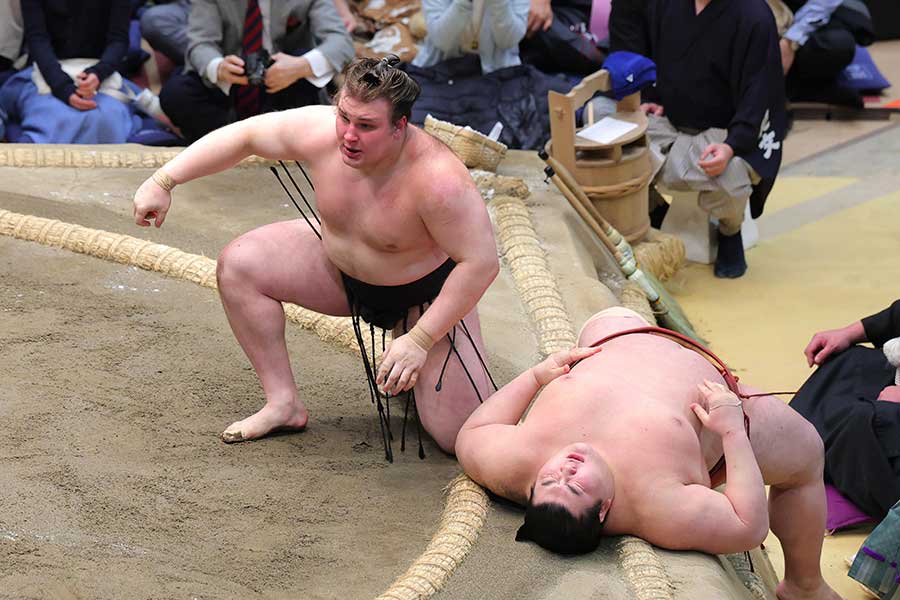 優勝決定戦で熱海富士を下した大関・安青錦（左）【写真：産経新聞社】