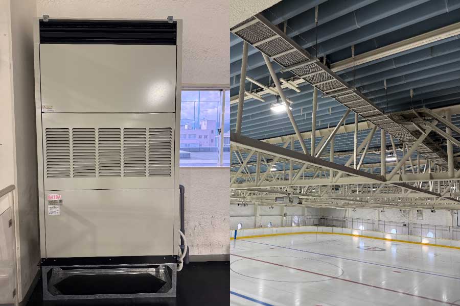 新たに設置された除湿器(左)と天井の送風機【写真提供:ベルサンピアみやぎ泉】