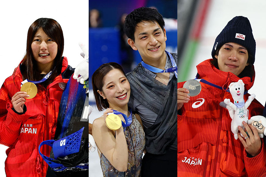 村瀬心椛、三浦璃来と木原龍一組、二階堂蓮（左から）【写真：ロイター】