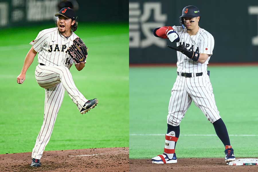 侍ジャパンの伊藤大海(左)と佐藤輝明【写真:中戸川知世、加治屋友輝】