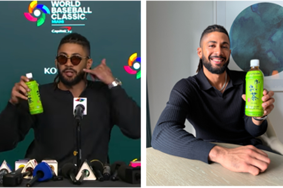 「お～いお茶」を手に笑顔のフェルナンド・タティスJr.【写真：伊藤園提供】