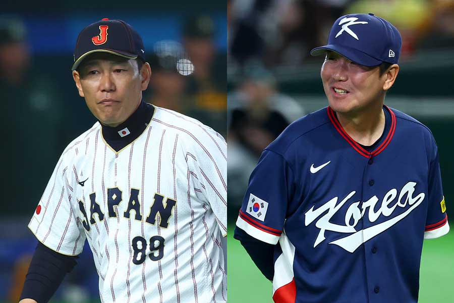 日本代表を率いた井端弘和監督（左）と韓国代表のリュ・ジヒョン監督【写真：加治屋友輝】