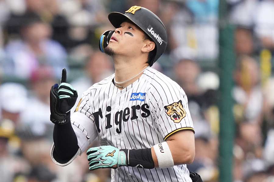 8回の第5打席に特大弾を放った阪神の佐藤輝明【写真：産経新聞社】