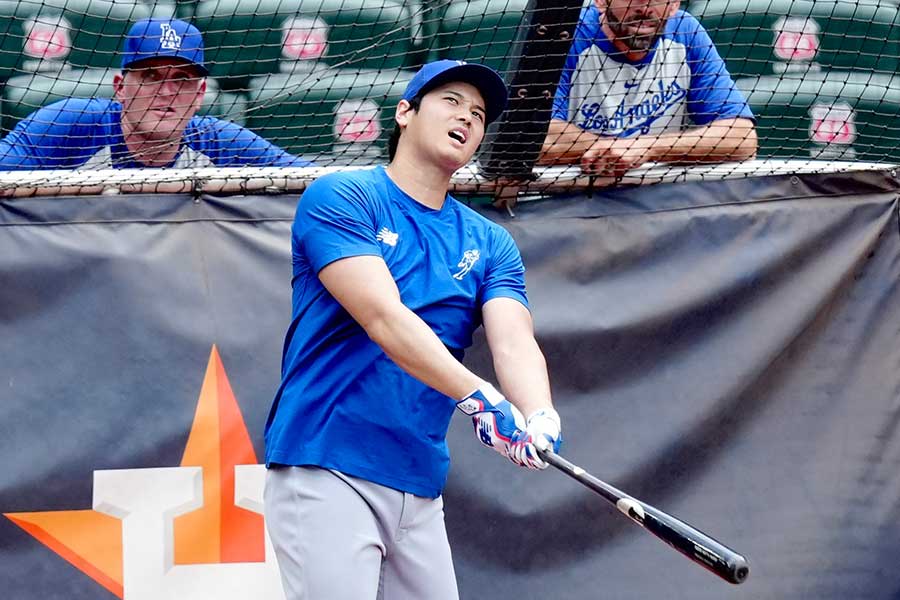 試合前にフリー打撃を行ったドジャースの大谷翔平【写真：黒澤崇】