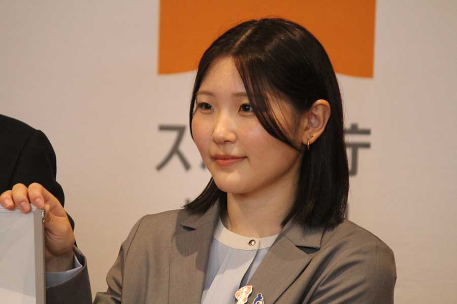 「持続可能な国際競技力向上プラン」改定に関する記者発表会に出席した小野光希【写真：編集部】