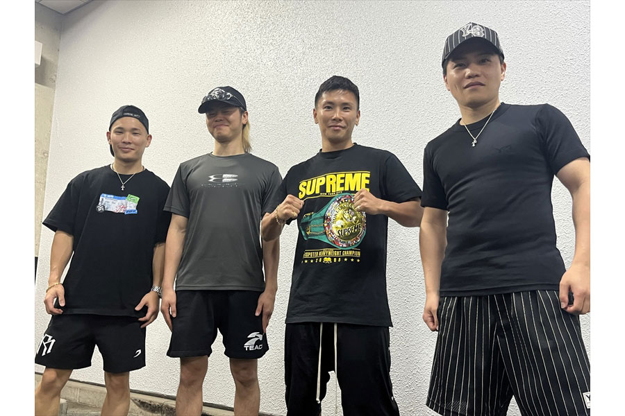 トレーニングキャンプを開始した帝拳ジムの(左から)松本流星、那須川天心、岩田翔吉、坪井智也【写真:帝拳ジム提供】
