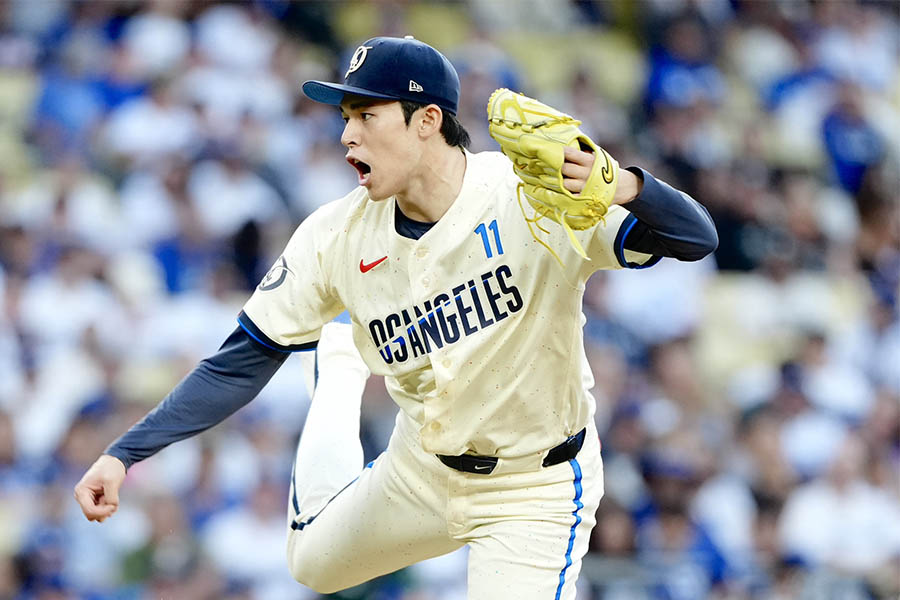 本拠地フィリーズ戦に先発したドジャースの佐々木朗希【写真:黒澤崇】