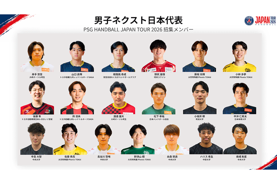 男子ネクスト日本代表メンバー19人を発表【写真：PSGハンドボールジャパンツアー2026実行委員会提供】