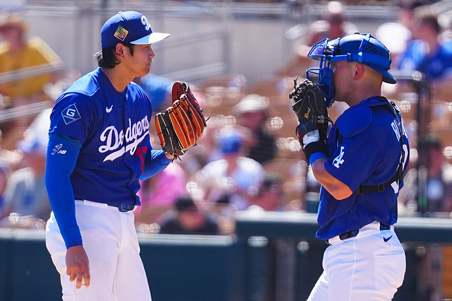ドジャースの大谷翔平（左）とダルトン・ラッシング【写真：黒澤崇】