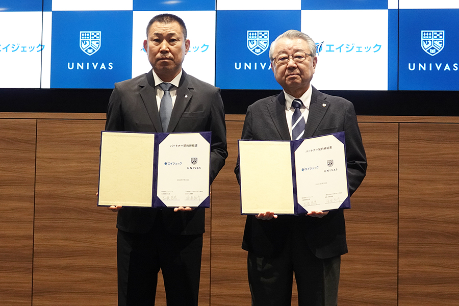 エイジェックの古後昌彦社長（左）とUNIVASの福原紀彦会長【写真：編集部】