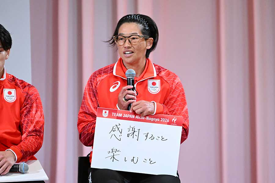 アジア大会結団式に登壇した上野由岐子【写真：徳原隆元】