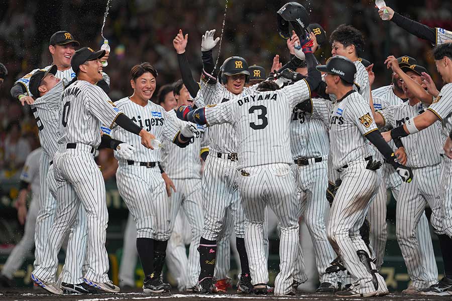 サヨナラ勝ちを決めて喜ぶ阪神ナイン【写真：産経新聞社】
